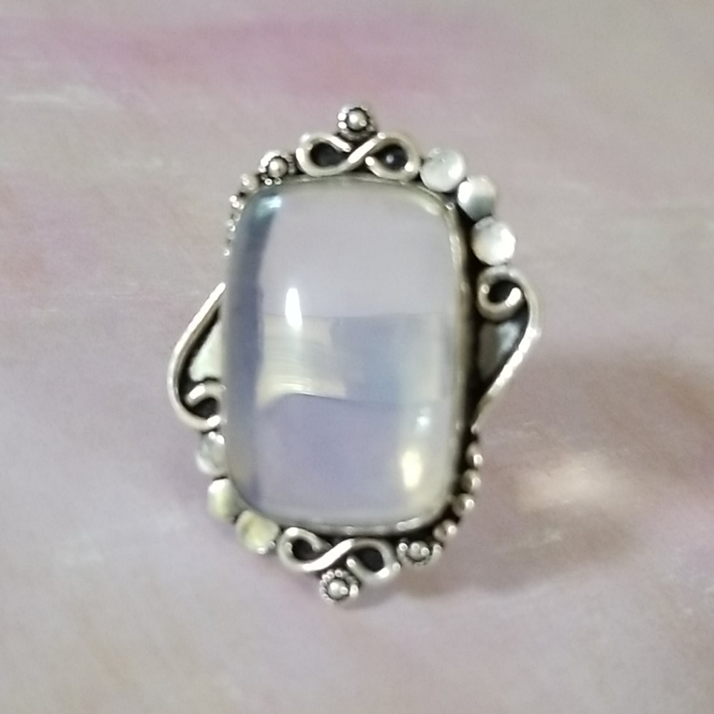 Hand Crafted Milky Opal .925 Sterling Silver Statement Ring SZ 8 3/4 - Picture 3 of 16